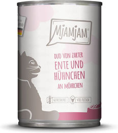 Produktbild von MjAMjAM Hundefutter Duo Ente und Hühnchen mit Möhrchen getreidefrei und ohne Zucker 24x400g