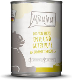 Produktbild von MjAMjAM Hundefutter Duo Ente und Pute mit Kürbis getreidefrei und ohne Zucker 24x400g