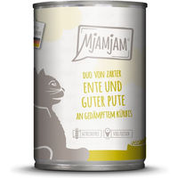 Produktbild von MjAMjAM Hundefutter Duo Ente und Pute mit Kürbis Stückchen in Sauce getreidefrei ohne Zucker 6x400g