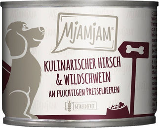 Produktbild von MjAMjAM Hundefutter Hirsch und Wildschwein mit Preiselbeeren Stückchen in Sauce 6x200g