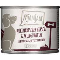 Produktbild von MjAMjAM Hundefutter Hirsch und Wildschwein mit Preiselbeeren Stückchen in Sauce 6x200g