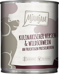 Produktbild von MjAMjAM Hundefutter Hirsch und Wildschwein mit Preiselbeeren Stückchen in Sauce 6x800g