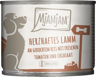 Produktbild von MjAMjAM Hundefutter Lamm mit gekochtem Reis und frischen Tomaten Stückchen in Sauce 6x200g