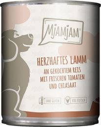 Produktbild von MjAMjAM Hundefutter Lamm mit gekochtem Reis und frischen Tomaten Stückchen in Sauce 6x800g