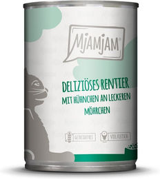 Produktbild von MjAMjAM Hundefutter Rentier mit Huhn Stückchen in Sauce getreidefrei ohne Zucker 24x400g