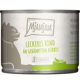 Produktbild von MjAMjAM Hundefutter Rind mit gedämpftem Kürbis Stückchen in Sauce 24x200g