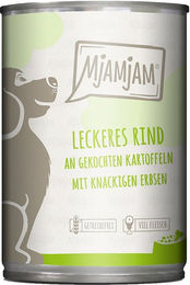 Produktbild von MjAMjAM Hundefutter Rind mit gekochten Kartoffeln und Erbsen Stückchen in Sauce 6x400g