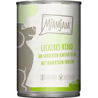 Produktbild von MjAMjAM Hundefutter Rind mit gekochten Kartoffeln und Erbsen Stückchen in Sauce 6x400g