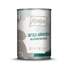 Produktbild von MjAMjAM Katzen Nassfutter Hühnchen an gedämpftem Spinat Stückchen in Sauce Getreidefrei Ohne Zucker 6x400g