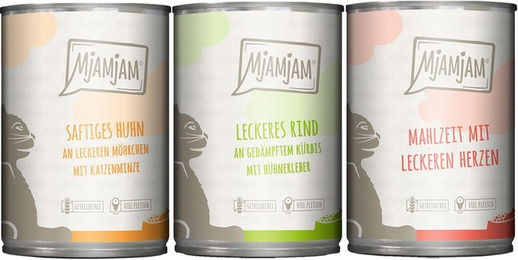 Produktbild von MjAMjAM Katzen Nassfutter Mixpaket Huhn Rind und Herzen 24x400g
