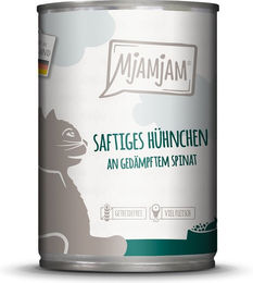 Produktbild von MjAMjAM Katzen Nassfutter Saftiges Hühnchen an gedämpftem Spinat Adult Getreidefrei 6x400g - 6 x 400 g