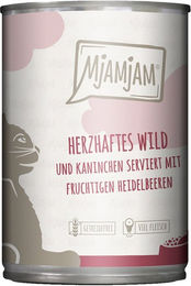 Produktbild von MjAMjAM Katzen Nassfutter Wild und Kaninchen mit Heidelbeeren hoher Fleischanteil 6x400g