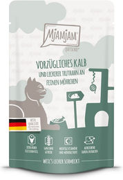 Produktbild von MjAMjAM Katzen Quetschie Kalb und Truthahn mit Möhrchen Creme 12x125g