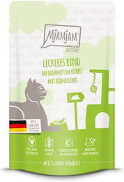 Produktbild von MjAMjAM Katzen Quetschie Rind mit gedämpftem Kürbis Creme mit hohem Fleischanteil 12x125g
