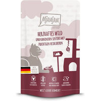 Produktbild von MjAMjAM Katzen-Quetschie Wild und Kaninchen mit Heidelbeeren Creme mit hohem Fleischanteil 12x125g