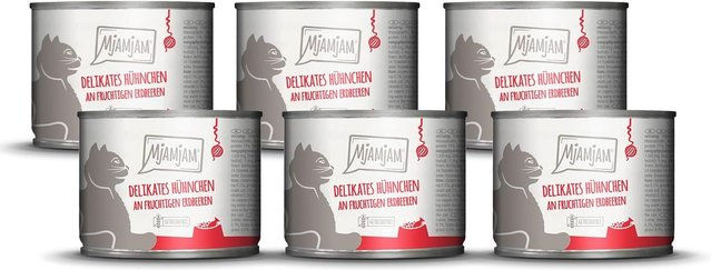 Produktbild von MjAMjAM Katzenfutter Hühnchen mit Erdbeeren Stückchen in Sauce getreidefrei ohne Zucker 1200g