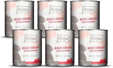 Produktbild von MjAMjAM Katzenfutter Hühnchen mit Erdbeeren Stückchen in Sauce getreidefrei ohne Zucker 480g