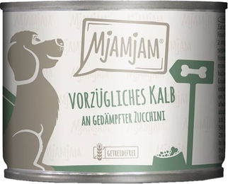 Produktbild von MjAMjAM Katzenfutter Kalb mit gedämpfter Zucchini Stückchen in Sauce mit hohem Fleischanteil 6x200g