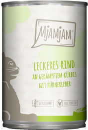 Produktbild von MjAMjAM Katzenfutter Rind mit gedämpftem Kürbis Stückchen in Sauce mit hohem Fleischanteil 24x400g
