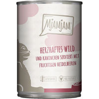 Produktbild von MjAMjAM Katzenfutter Wild und Kaninchen mit Heidelbeeren hoher Fleischanteil 24x400g