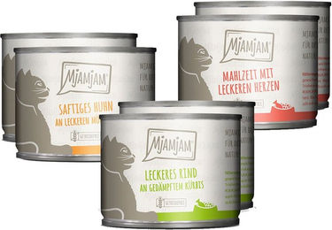 Produktbild von MjAMjAM Mixpaket Katzenfutter Huhn Rind Herzen 24x200g für alle Altersstufen