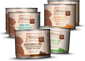Produktbild von MjAMjAM Mixpaket Purer Fleischgenuss Katzenfutter für alle Altersstufen 24x200g