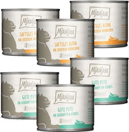 Produktbild von MjAMjAM Monoprotein Katzenfutter Huhn und Pute 24x200g