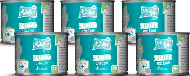 Produktbild von MjAMjAM Nassfutter Sterilized Rind und Ente Diätfutter zur Gewichtskontrolle 6 x 200 g