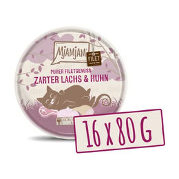 MjAMjAM Premium Katzen Nassfutter Lachs und Huhn Filets getreidefrei monoprotein mit hohem Fleischanteil 16 x 80 g - 16 x 80 g – Bild 1 von 3