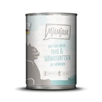 Produktbild von MjAMjAM Premium Nassfutter für Katzen Adult Ente und Süßwasserfisch an Möhrchen Getreidefrei ohne Zucker 6 x 400 g - 400 g