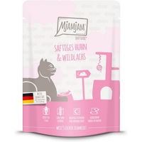 Produktbild von MjAMjAM Quetschie Katzenfutter Huhn und Wildlachs Stückchen in Sauce 24x300g