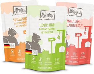 Produktbild von MjAMjAM Quetschie Mixpaket Katzen Mousse Huhn Rind Herzen 48x125g