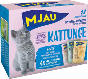 Produktbild von Mjau Kitten Pouch Mixpaket 12 x 85 g Stückchen in Gelee getreidefrei und ohne Zucker - 12 x 85 g