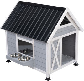 Produktbild von Modern Living Outdoor-Hundehütte Belmont aus Holz für kleine bis mittlere Hunde wasserfest Grau Weiß L 101 x B 92 x H 95,5 cm