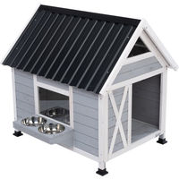 Produktbild von Modern Living Outdoor-Hundehütte Belmont aus Holz für kleine bis mittlere Hunde wasserfest Grau Weiß L 101 x B 92 x H 95,5 cm