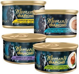 MOMENTS Diamonds Nassfutter Katze Adult Mousse Mixpaket Huhn Kaninchen Lachs Thunfisch Getreidefrei 24x85 g – Bild 1 von 1