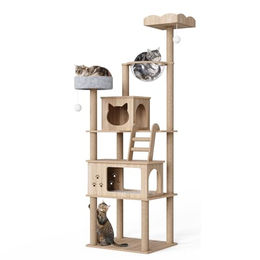 Mondeer Holz Kratzbaum für Katzen mit zwei Katzenhäusern, Plüschkissen und transparenter Kapsel, 60 x 50 x 184 cm – Bild 1 von 6