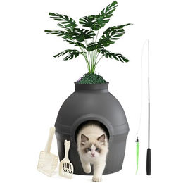 Mondeer Katzentoilette XXL Möbel-Toilette in Schwarz mit Kunstpflanze und 2 Schaufeln – Bild 1 von 10