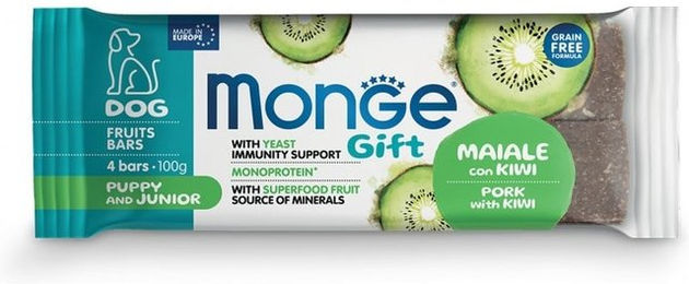Produktbild von Monge Gift Fruits Bars Belohnungssnack Sticks mit Schwein und Kiwi für Welpen und Junghunde 100 g