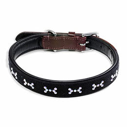 Monkimau Hundehalsband aus echtem Leder mit Knochen und Kristallen verstellbar Braun Schwarz S 20mm x 45cm - 45 cm – Bild 1 von 7