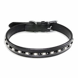 Monkimau Hundehalsband aus echtem Leder mit Kristallen Schwarz M-S 20mm x 50cm - 1 Stk. – Bild 1 von 7