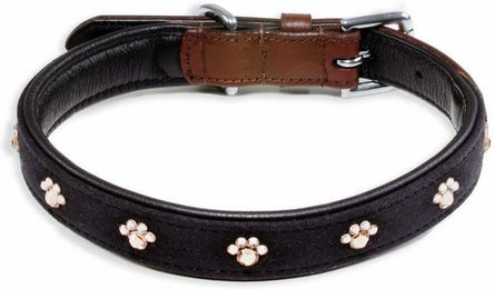 Monkimau Hundehalsband aus Leder mit glitzernden Pfoten-Kristallen in Braun und Schwarz – Bild 1 von 2