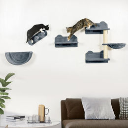 Moonbite Katzen-Kletterwand 4-teilig mit Wandkratzbaum, Katzentreppe und Liegeschale aus Sisal und Plüsch in Grau für Katzen bis 5 kg – Bild 1 von 1