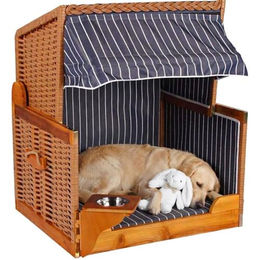 Mr. Deko Hundestrandkorb Wacholder aus Holz in Beige Blau Gestreift wetterfest mit Sonnenblende und Napf – Bild 1 von 11
