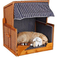 Produktbild von Mr. Deko Hundestrandkorb Wacholder aus Holz in Beige Blau Gestreift wetterfest mit Sonnenblende und Napf