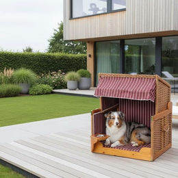 Mr. Deko Hundestrandkorb Wacholder PE Beige Rot Gestreift mit Napf und verstellbarer Sonnenblende für Hunde und Katzen 80x65x95 cm – Bild 1 von 10