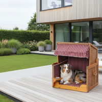 Produktbild von Mr. Deko Hundestrandkorb Wacholder PE Beige Rot Gestreift mit Napf und verstellbarer Sonnenblende für Hunde und Katzen 80x65x95 cm