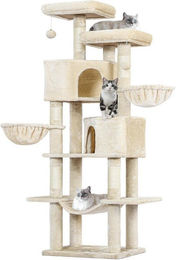 MSMASK Kratzbaum für Katzen mit Sisalstämmen, 2 Plattformen, 2 Katzenhöhlen, 2 Körbe und Hängematte, 180cm hoch, Beige – Bild 1 von 4