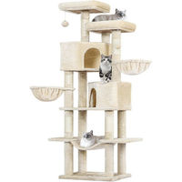 Produktbild von MSMASK Kratzbaum für Katzen mit Sisalstämmen, 2 Plattformen, 2 Katzenhöhlen, 2 Körbe und Hängematte, 180cm hoch, Beige