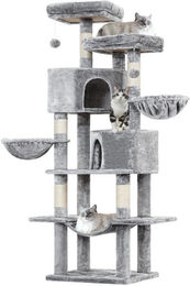 MSMASK Kratzbaum für Katzen mit Sisalstämmen und Plüsch in Grau, 180cm hoch mit 2 Plattformen, 2 Katzenhöhlen, 2 Körben und Hängematte – Bild 1 von 5